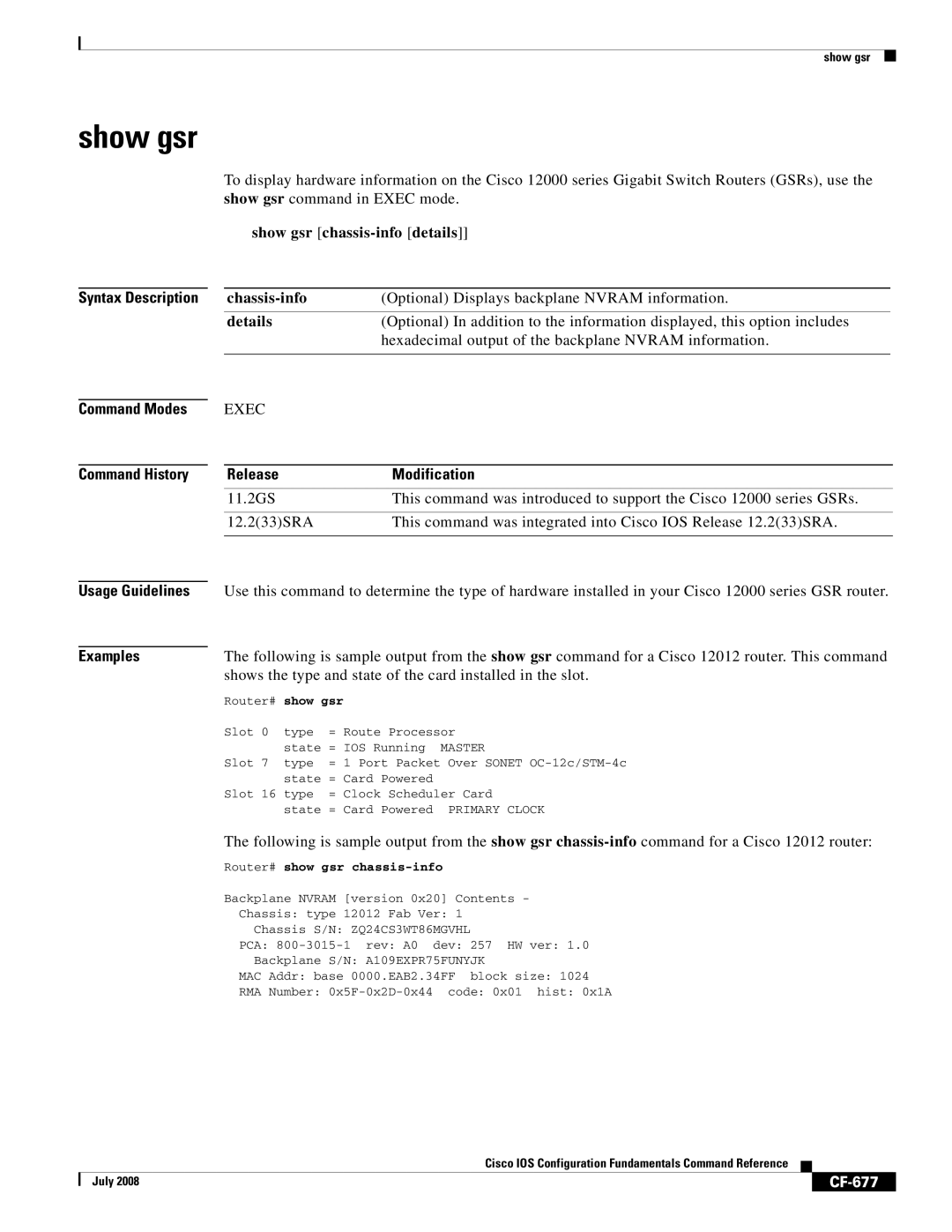 Cisco Systems 12000 series manual Show gsr, CF-677 