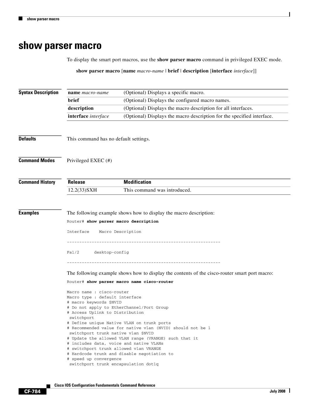 Cisco Systems 12000 series manual Show parser macro, Brief, Description, Interface interface, CF-784 