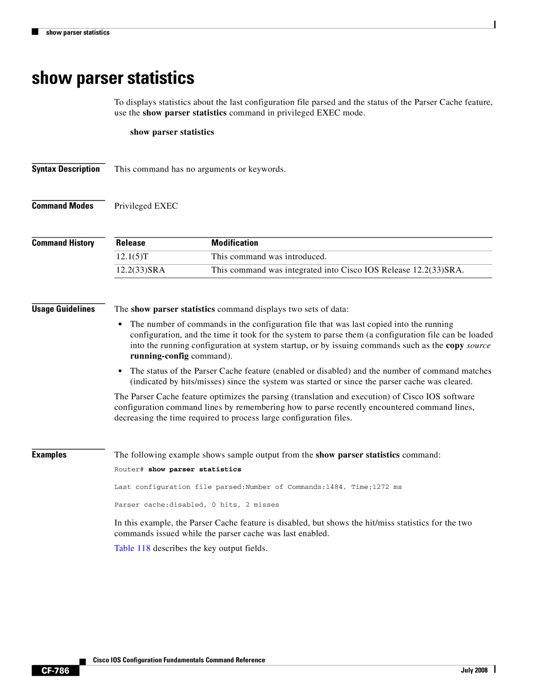 Cisco Systems 12000 series manual Show parser statistics, Commands issued while the parser cache was last enabled, CF-786 