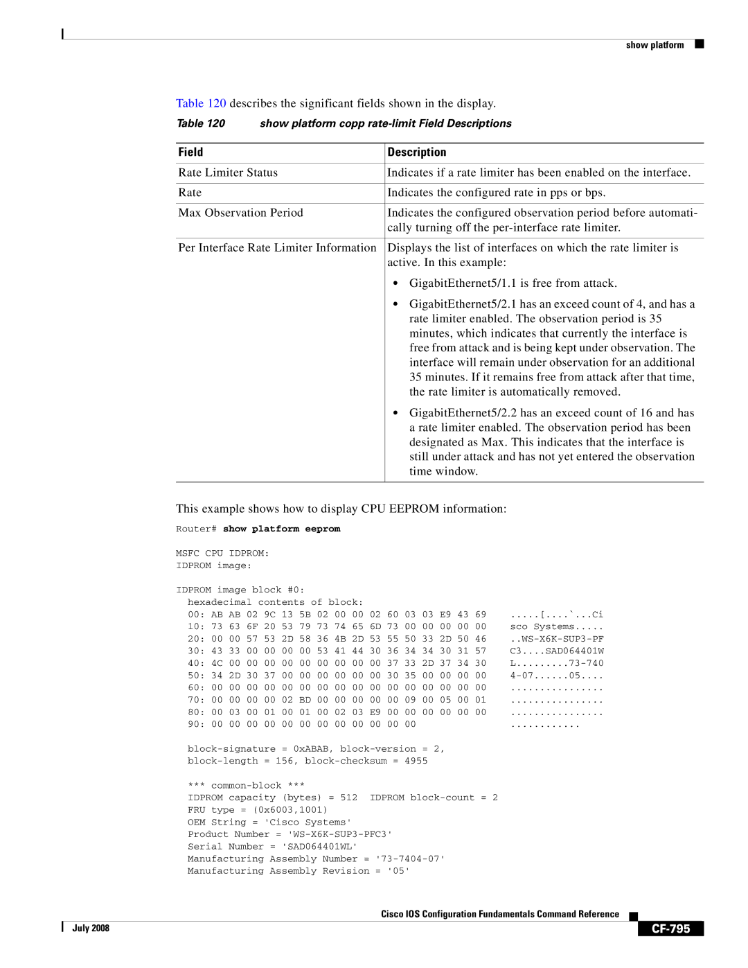 Cisco Systems 12000 series manual CF-795, Router# show platform eeprom, Msfc CPU Idprom, WS-X6K-SUP3-PF 