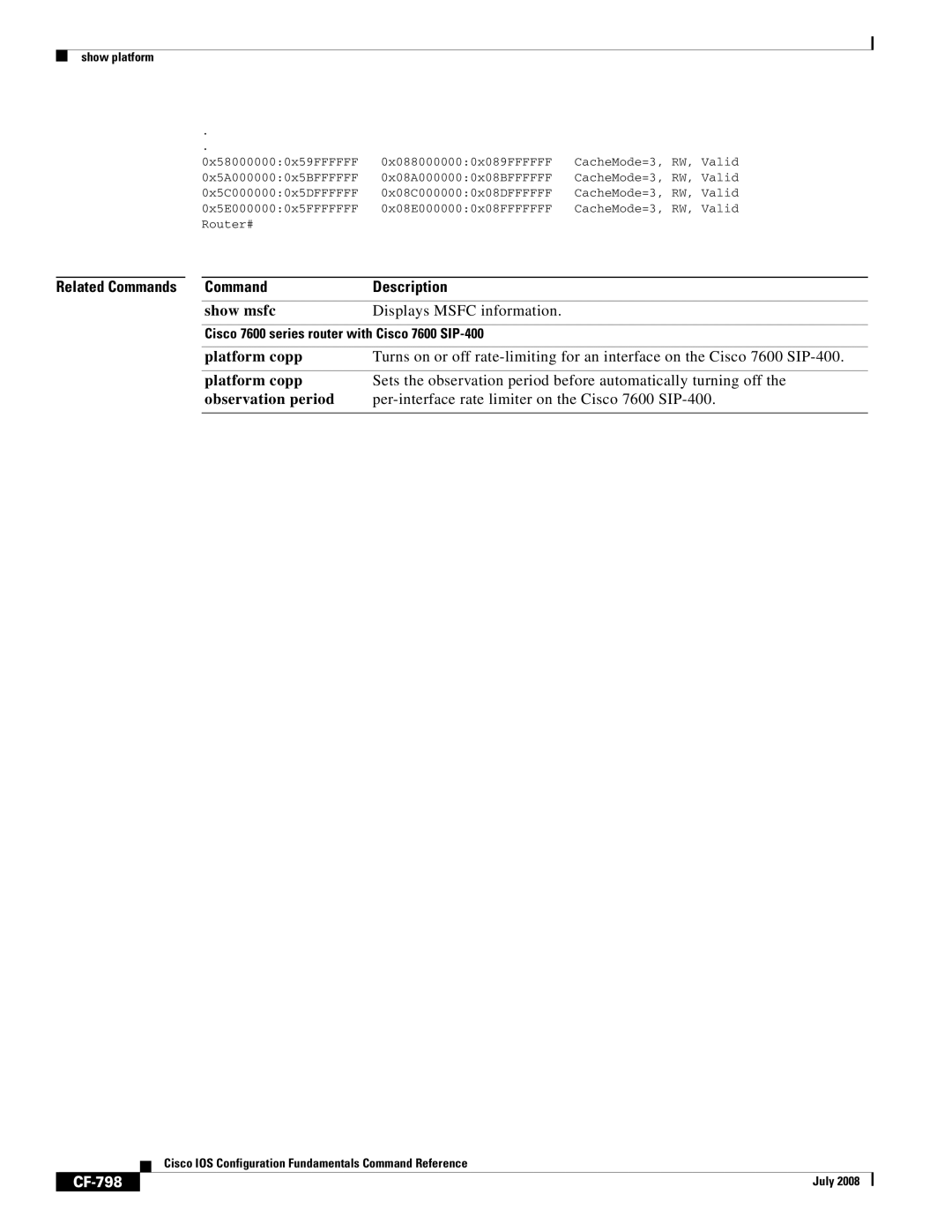 Cisco Systems 12000 series manual Show msfc, Platform copp, Observation period, CF-798 