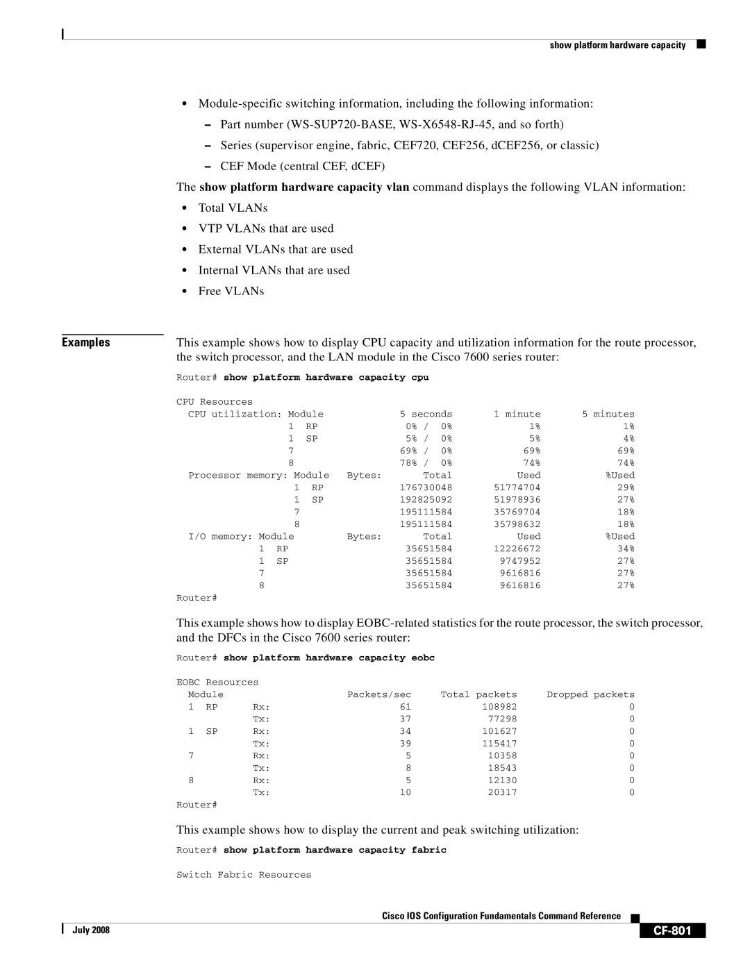 Cisco Systems 12000 series manual CF-801, Router# show platform hardware capacity eobc 