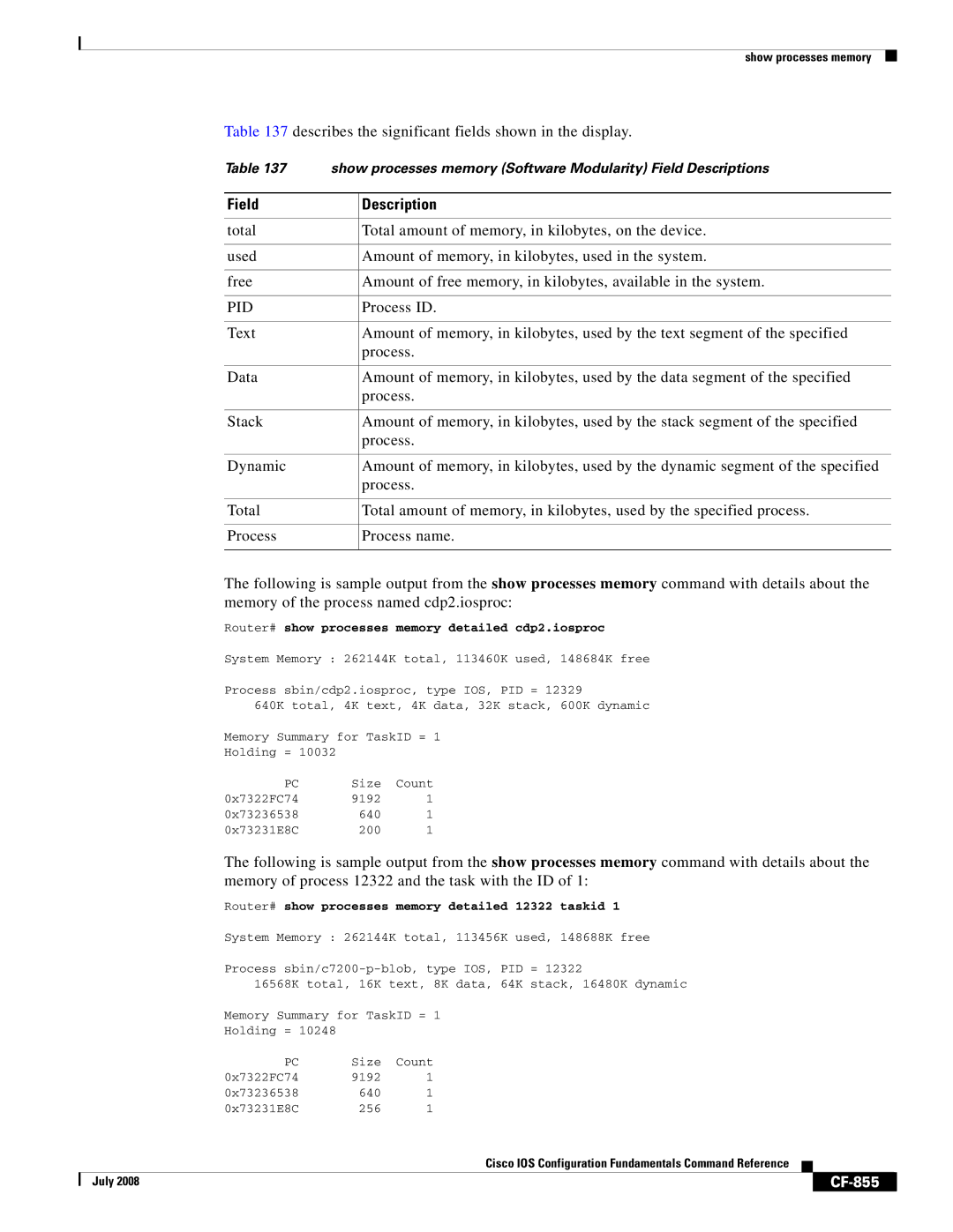 Cisco Systems 12000 series manual CF-855, Router# show processes memory detailed cdp2.iosproc 