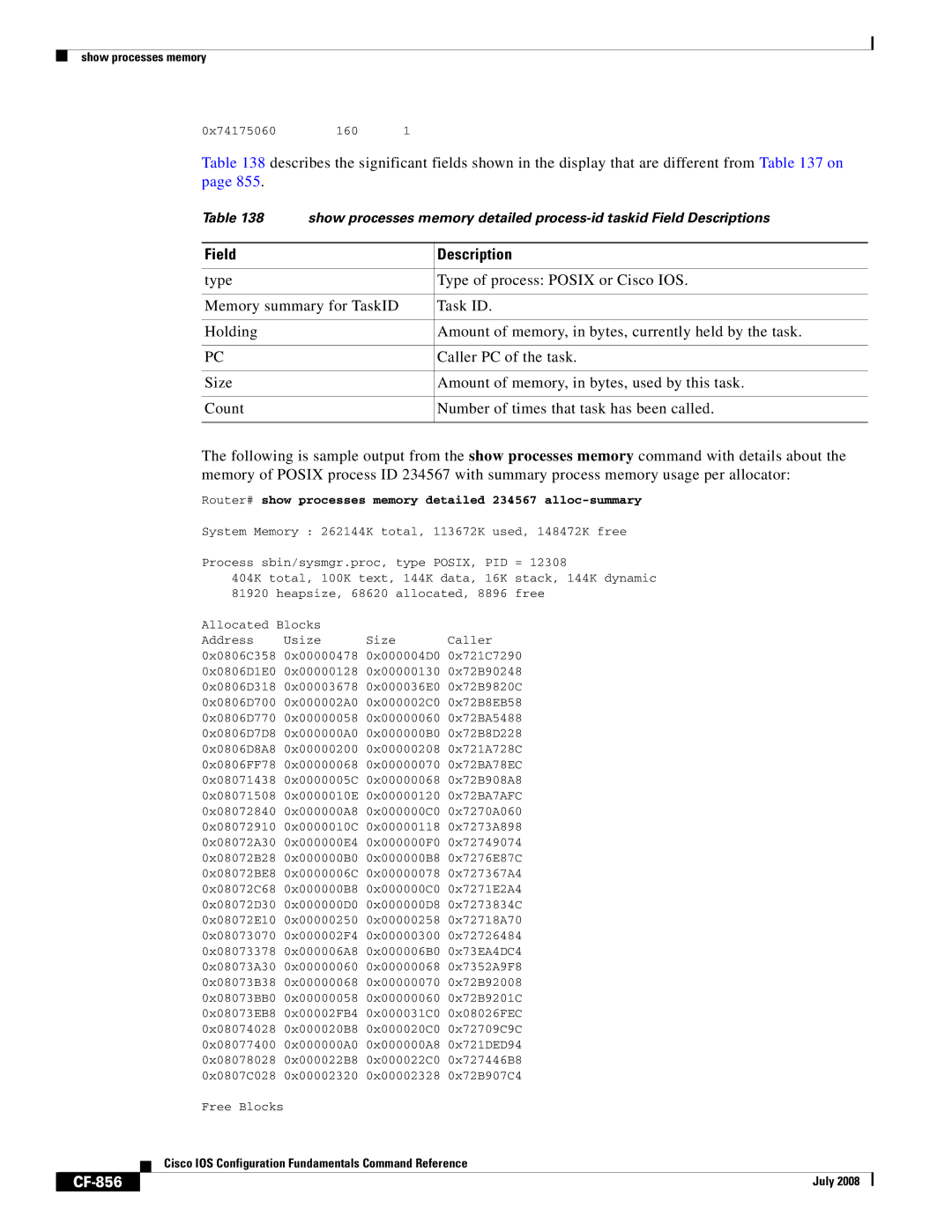 Cisco Systems 12000 series manual CF-856, Router# show processes memory detailed 234567 alloc-summary 