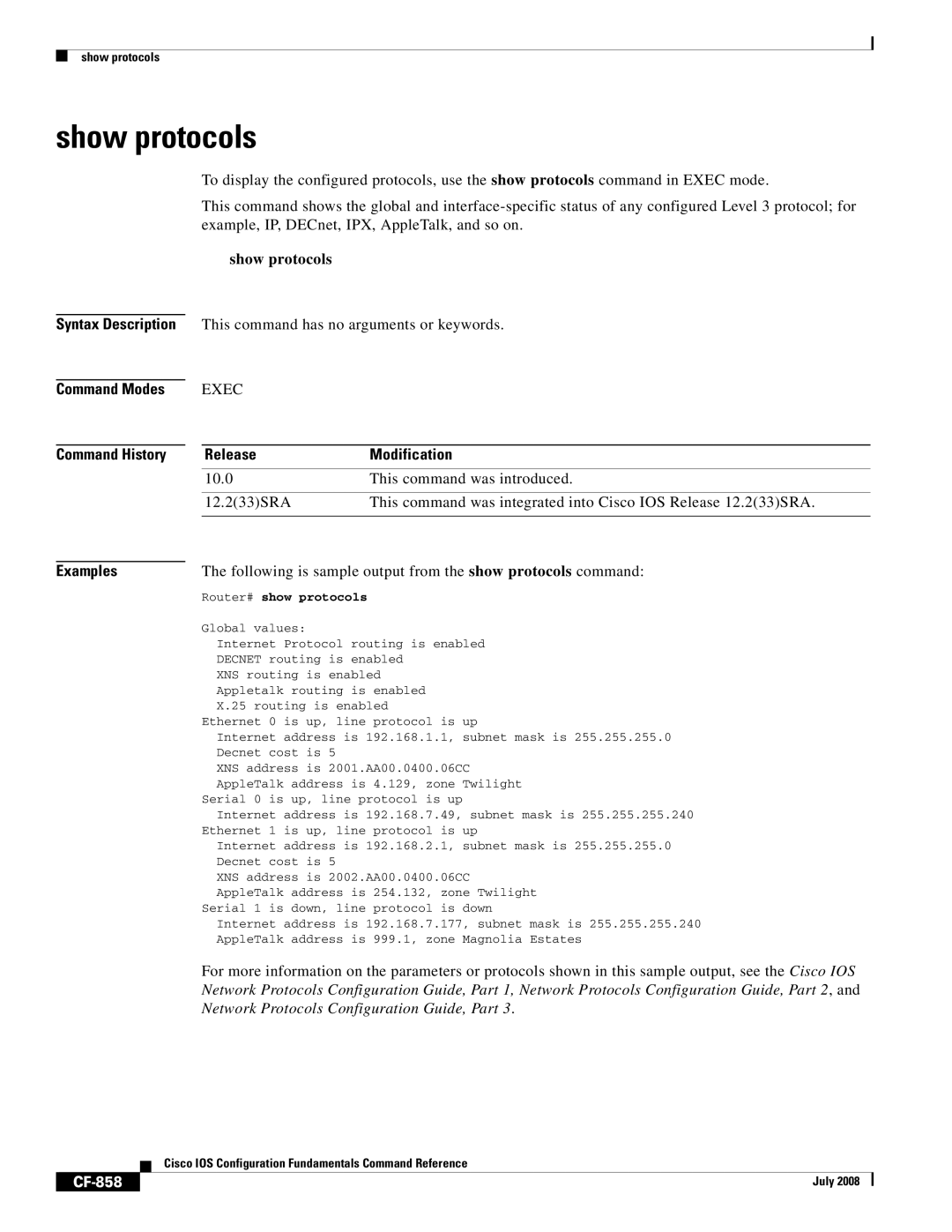 Cisco Systems 12000 series manual Show protocols, Following is sample output from the show protocols command, CF-858 