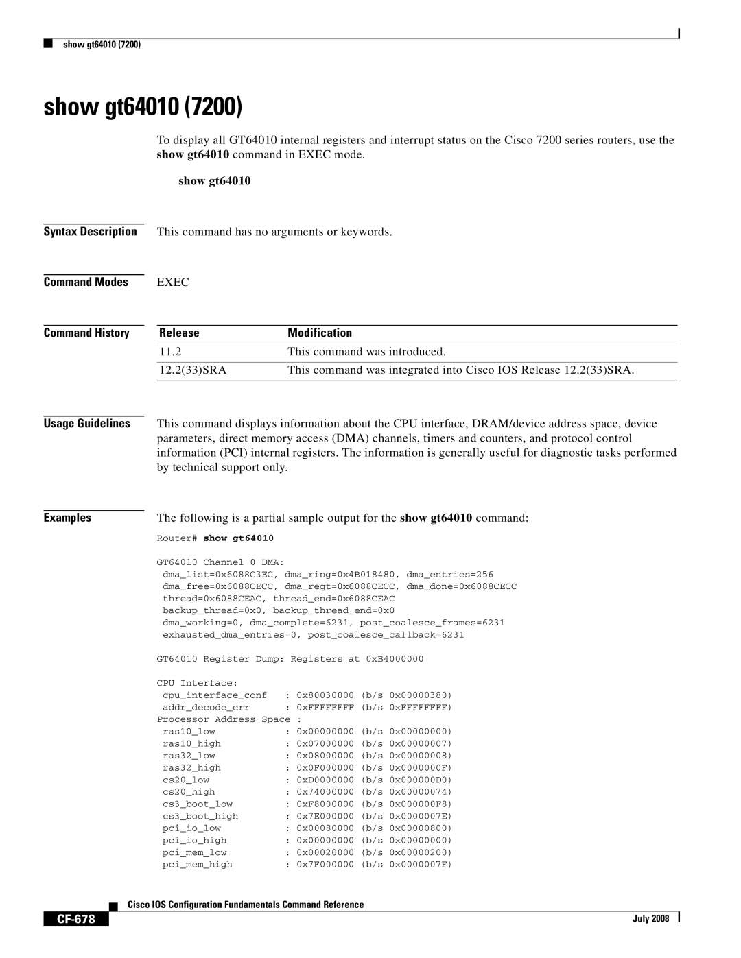 Cisco Systems 12000 series manual Show gt64010, Command Modes Command History, CF-678 