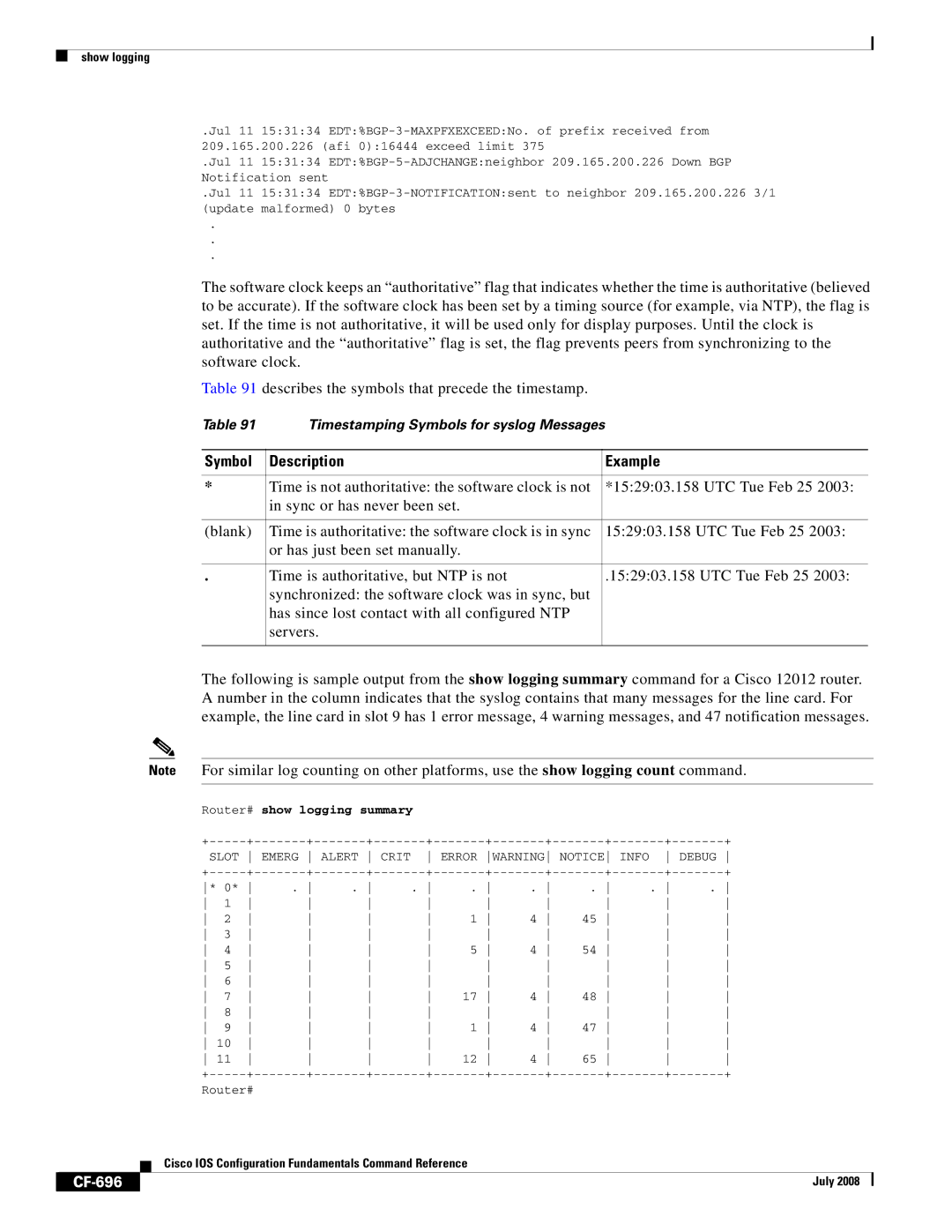 Cisco Systems 12000 series manual Description Example, CF-696, Show logging summary, Error Debug, Router# 