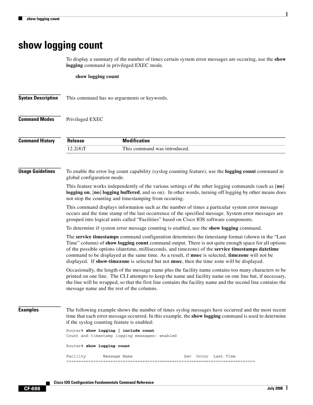 Cisco Systems 12000 series Show logging count, ReleaseModification, If the syslog counting feature is enabled, CF-698 