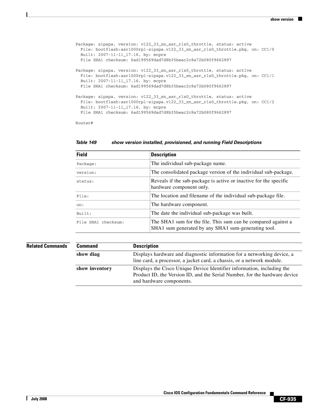 Cisco Systems 12000 series Individual sub-package name, Consolidated package version of the individual sub-package, CF-935 