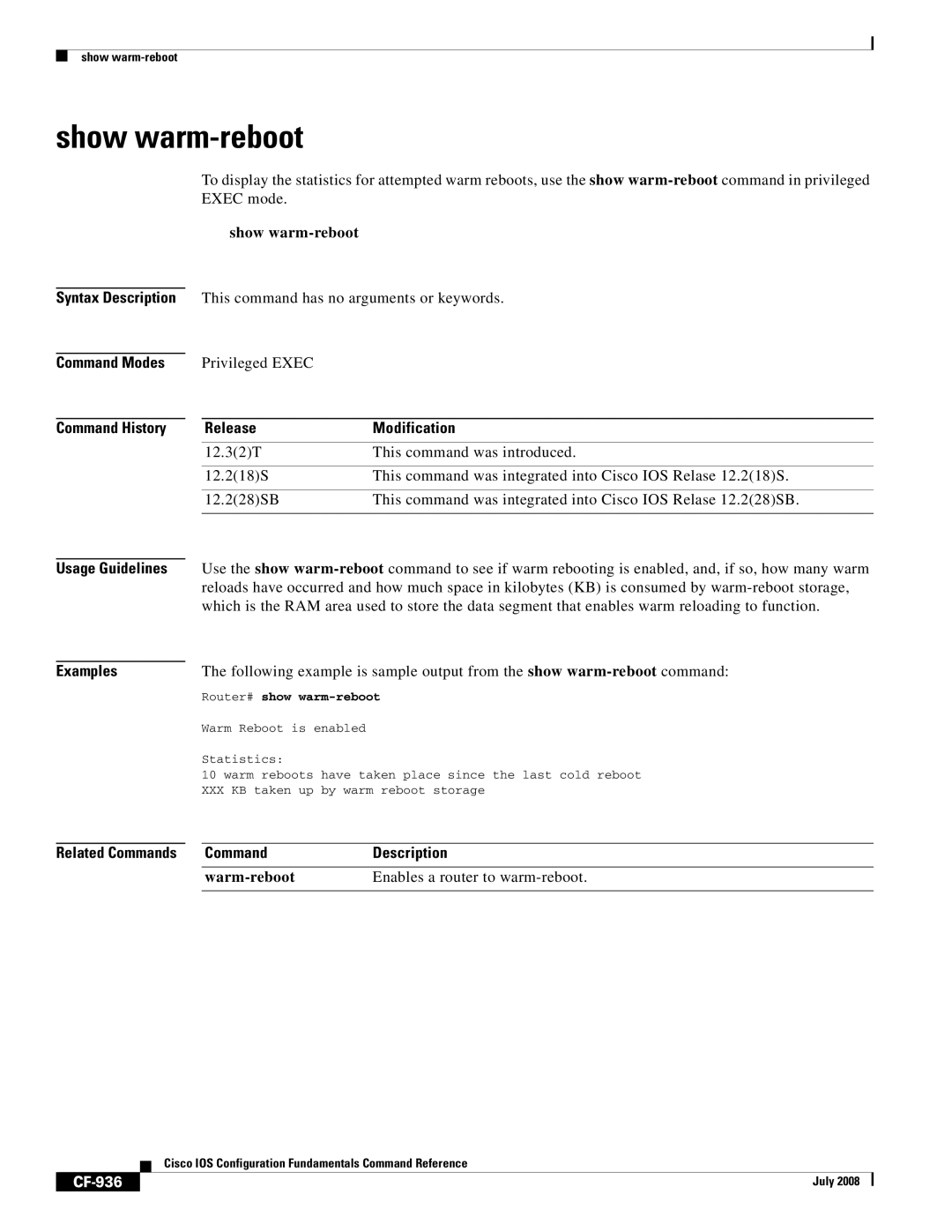 Cisco Systems 12000 series Show warm-reboot, Warm-reboot Enables a router to warm-reboot, CF-936, Router# show warm-reboot 