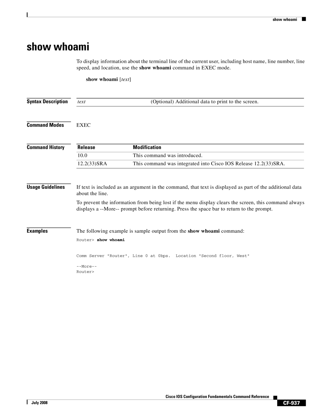 Cisco Systems 12000 series manual Show whoami text, CF-937, Router show whoami 