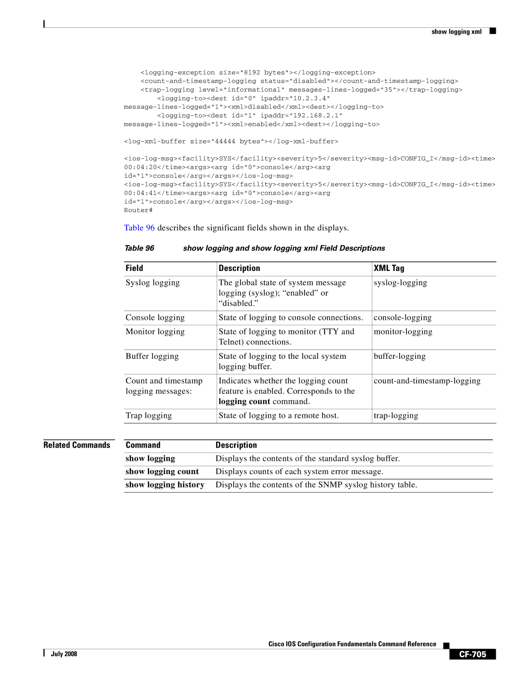 Cisco Systems 12000 series manual Field Description XML Tag, Logging count command, CF-705 