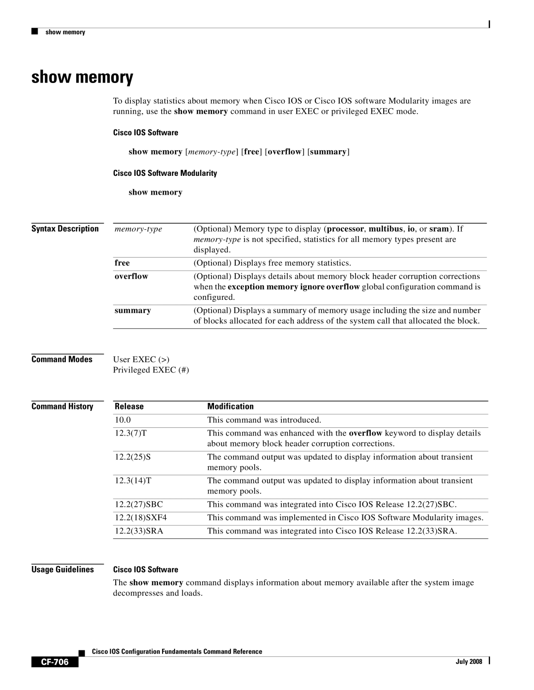 Cisco Systems 12000 series manual Show memory, Cisco IOS Software Modularity, CF-706 