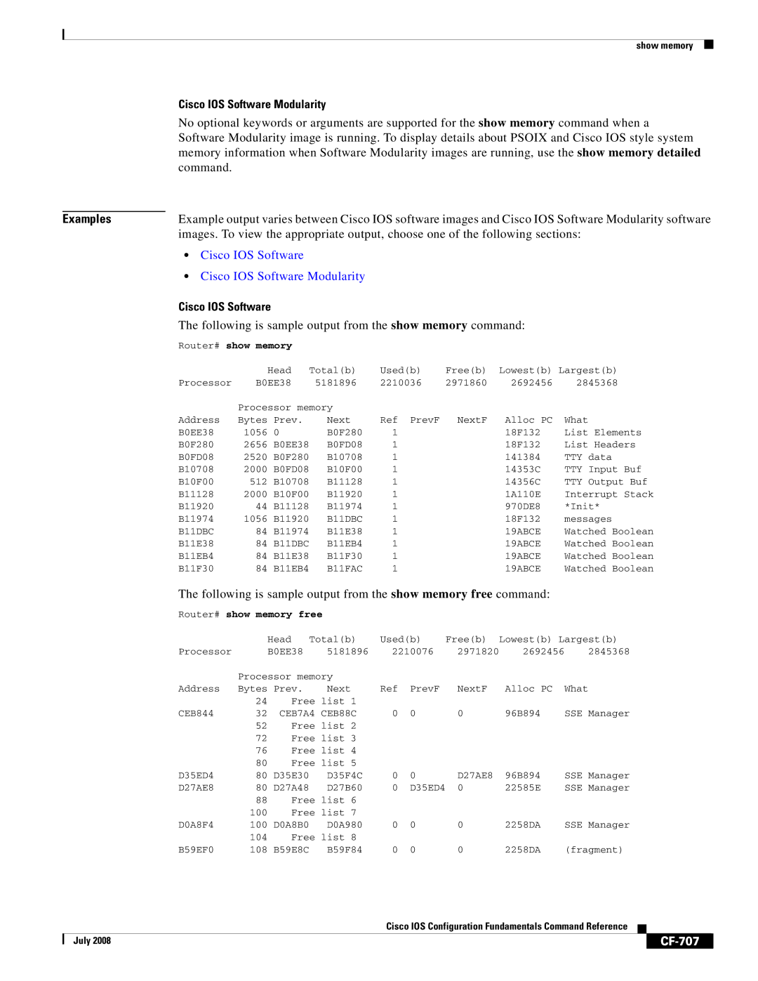 Cisco Systems 12000 series manual Following is sample output from the show memory command, CF-707, Router# show memory 