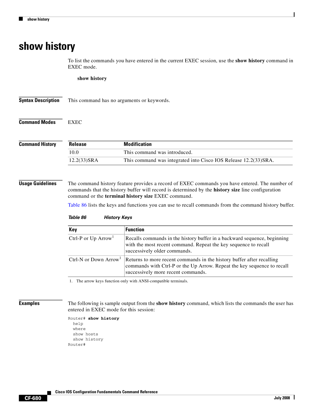 Cisco Systems 12000 series manual Show history, Key Function, Entered in Exec mode for this session, CF-680 