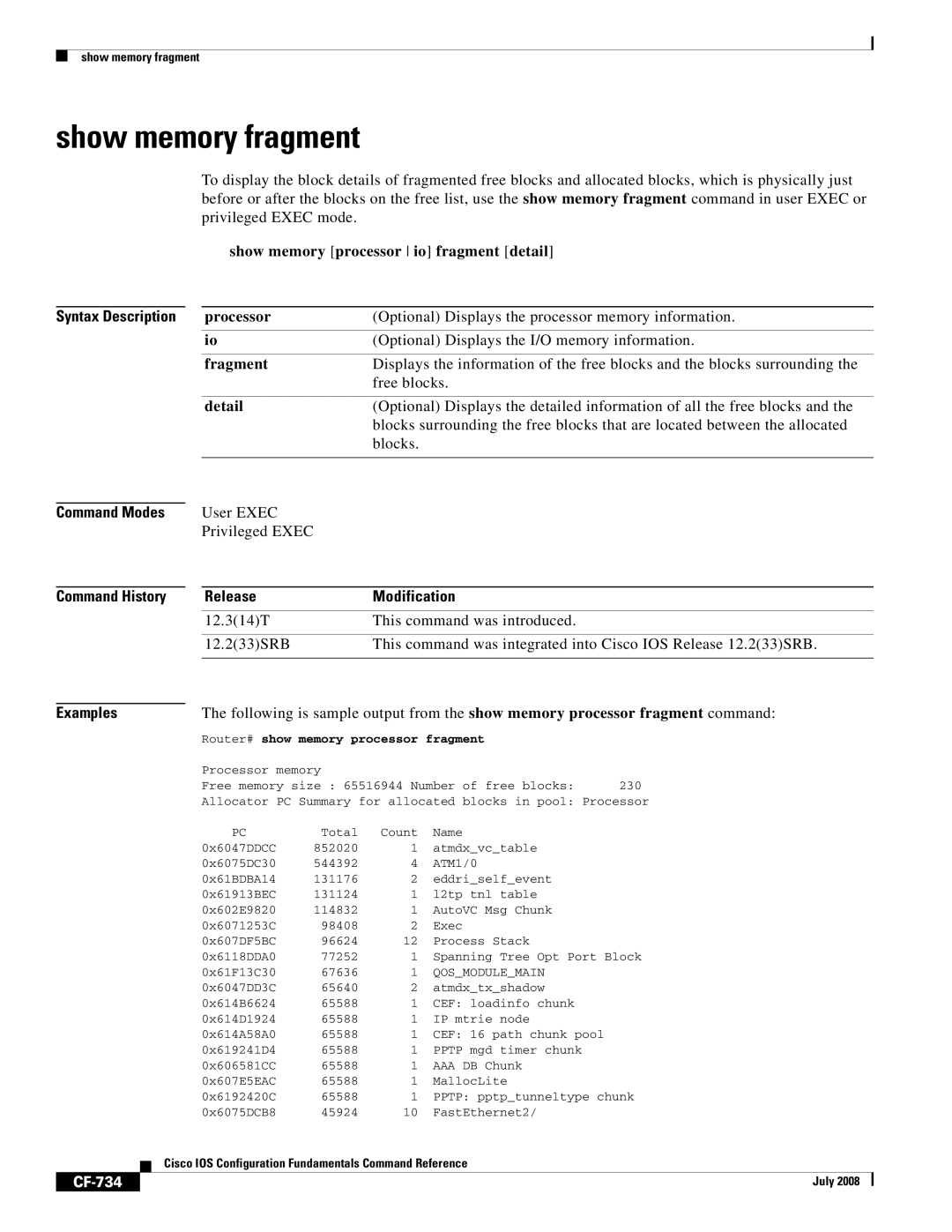 Cisco Systems 12000 series manual Show memory fragment, Syntax Description Command Modes Command History Examples, CF-734 