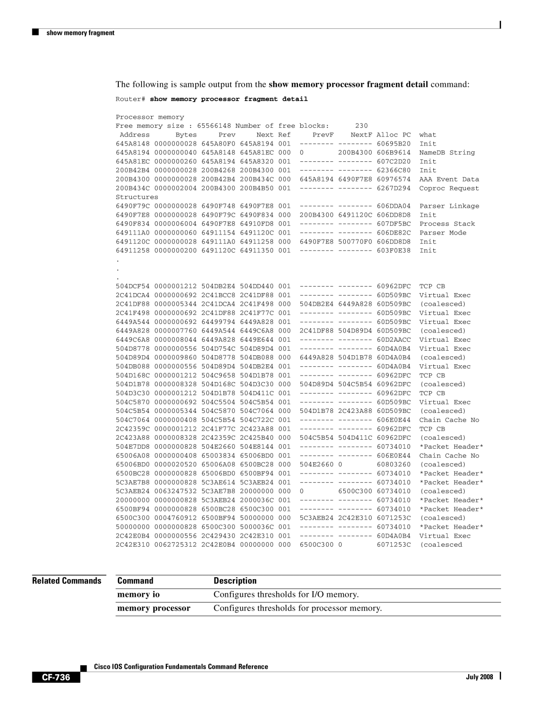 Cisco Systems 12000 series manual CF-736, Processor fragment detail, 60D2AACC 