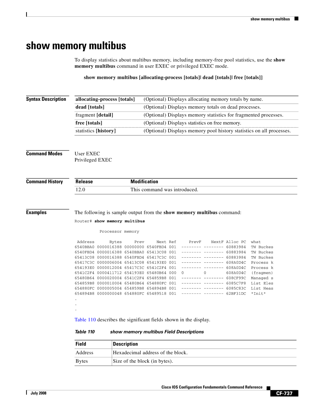 Cisco Systems 12000 series manual Show memory multibus, CF-737 