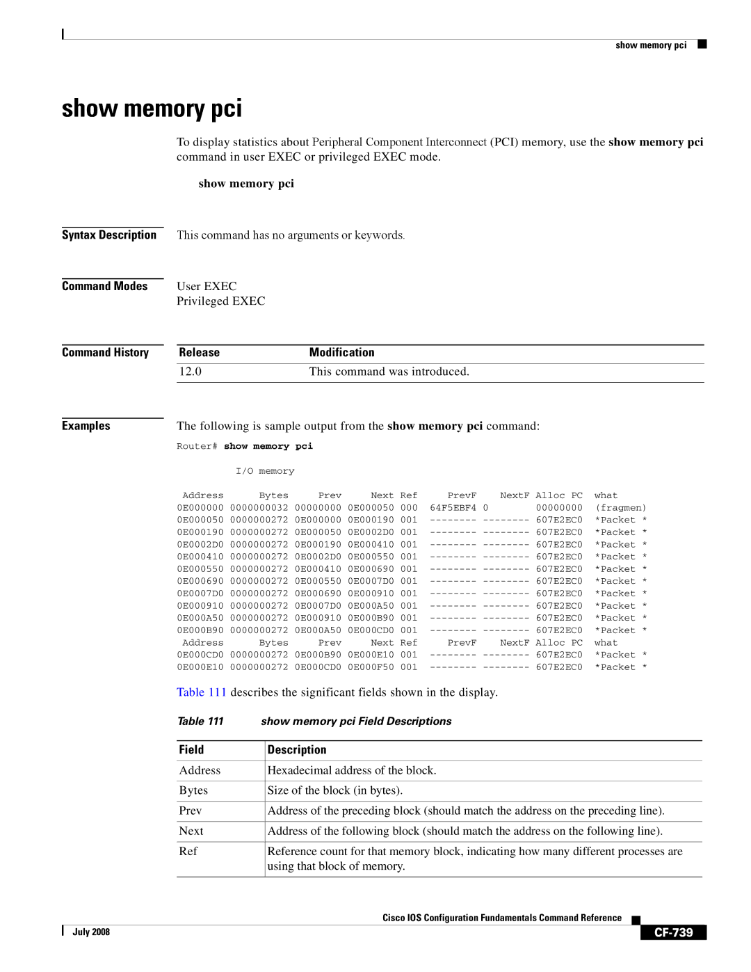 Cisco Systems 12000 series manual Show memory pci, Following is sample output from the show memory pci command, CF-739 