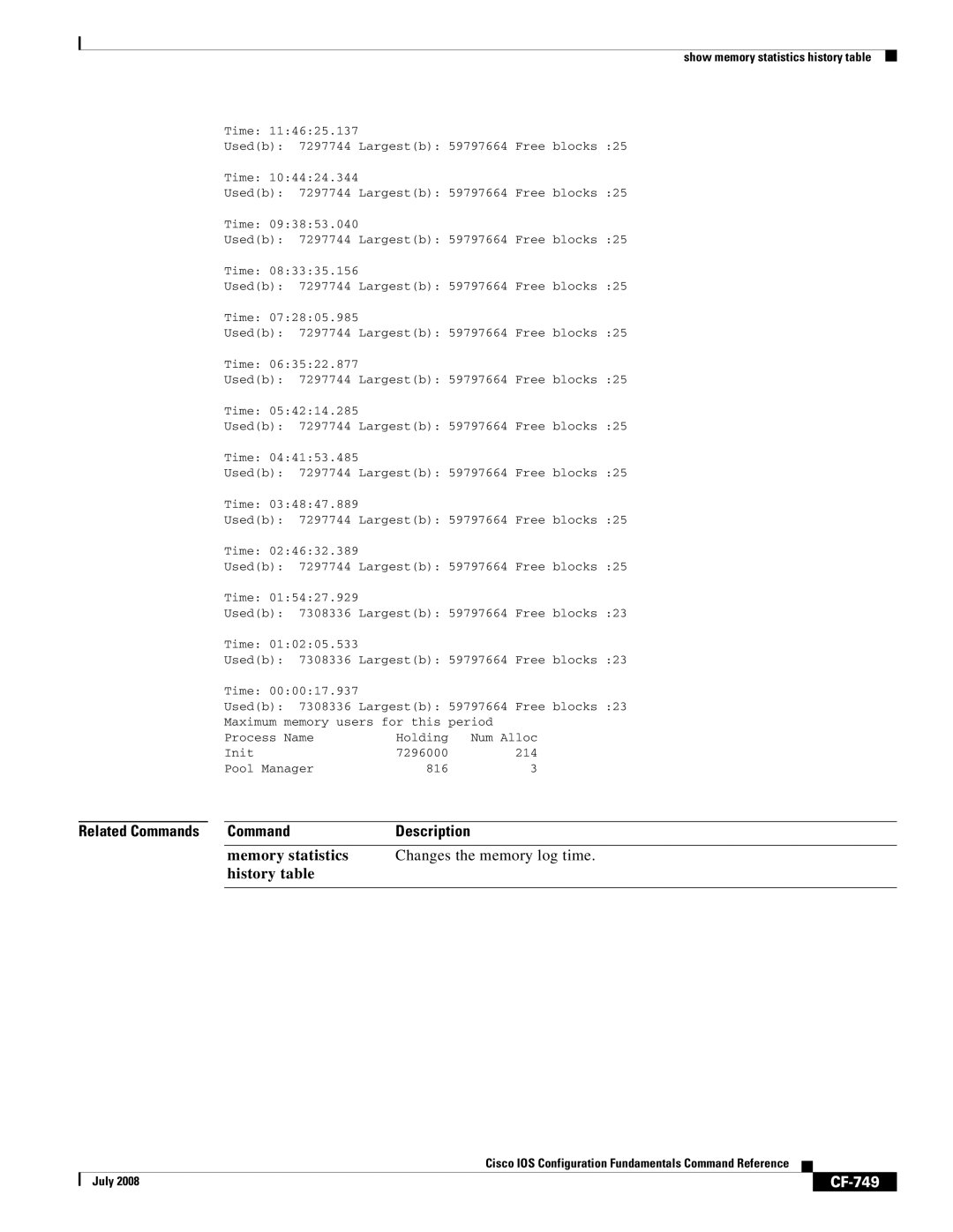 Cisco Systems 12000 series manual Memory statistics Changes the memory log time History table, CF-749 