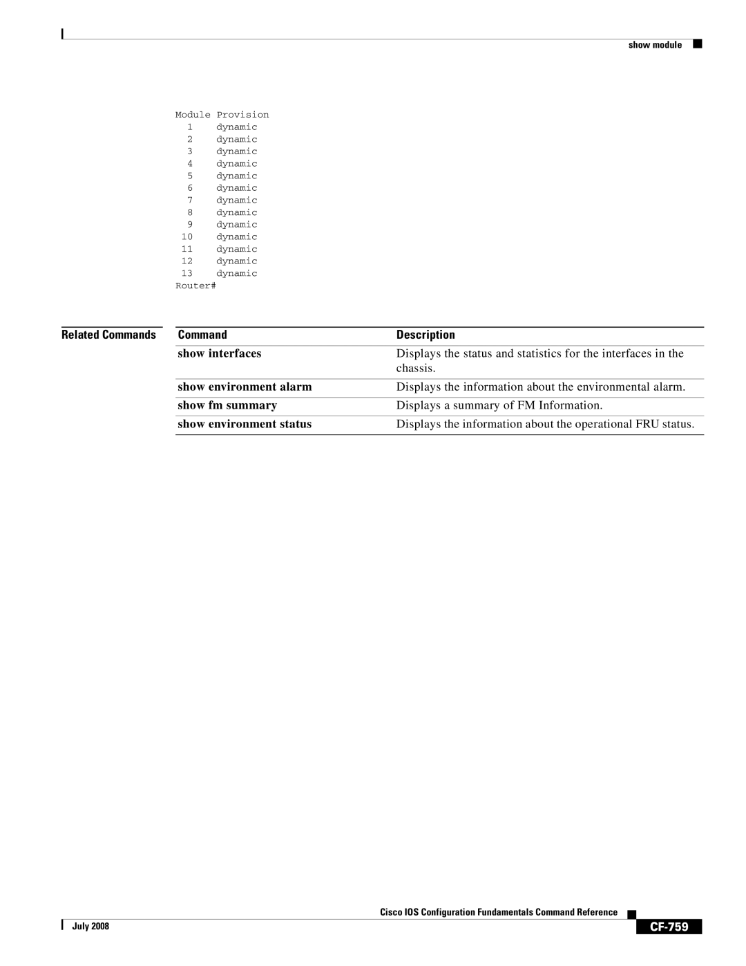 Cisco Systems 12000 series manual Show interfaces, Show environment alarm, Show fm summary, Show environment status, CF-759 