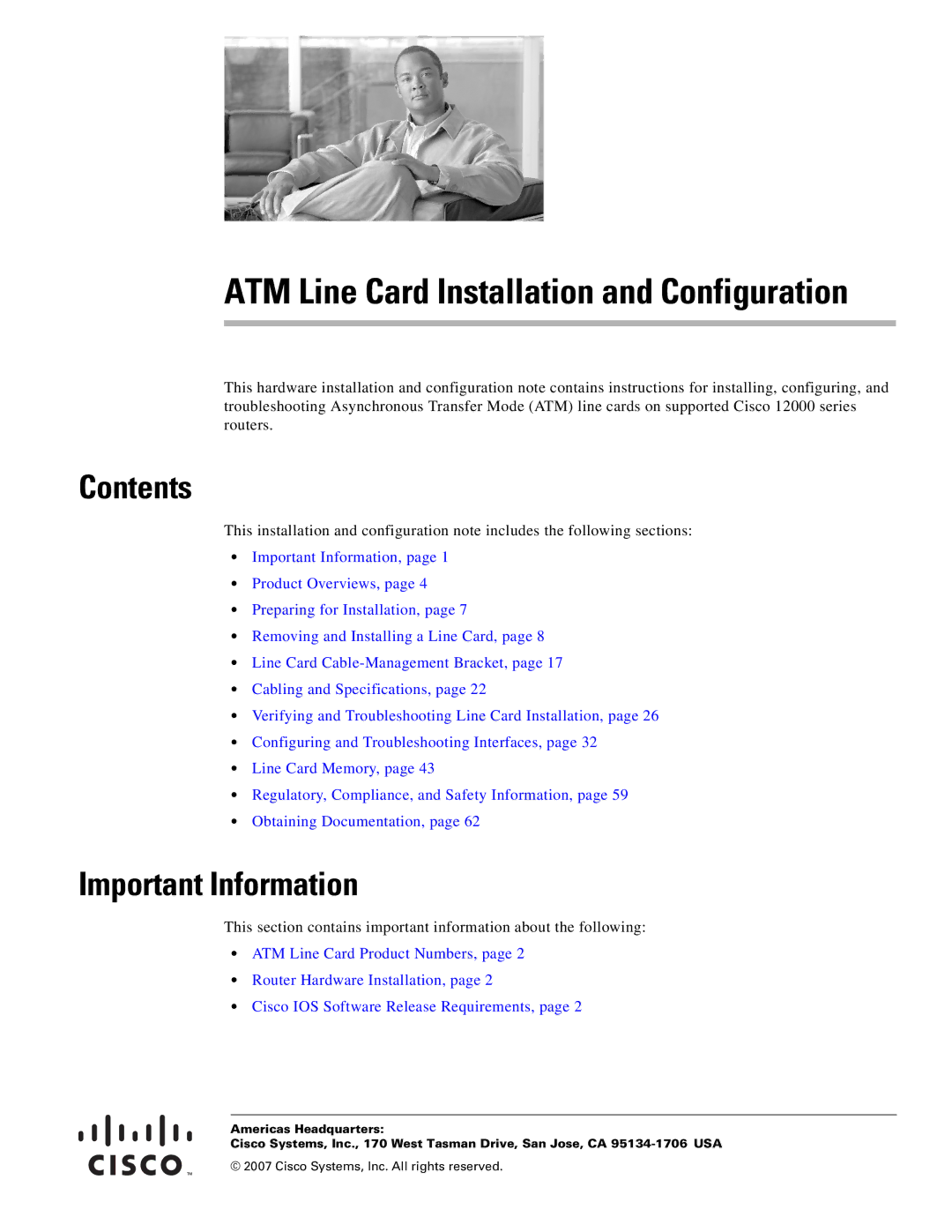 Cisco Systems 12000 series specifications ATM Line Card Installation and Configuration, Contents, Important Information 