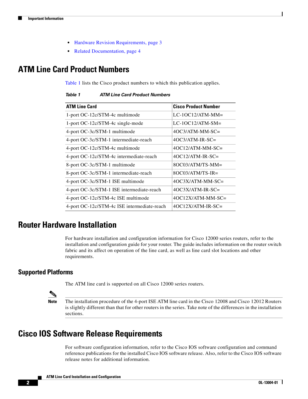 Cisco Systems 12000 series specifications ATM Line Card Product Numbers, Router Hardware Installation, Supported Platforms 