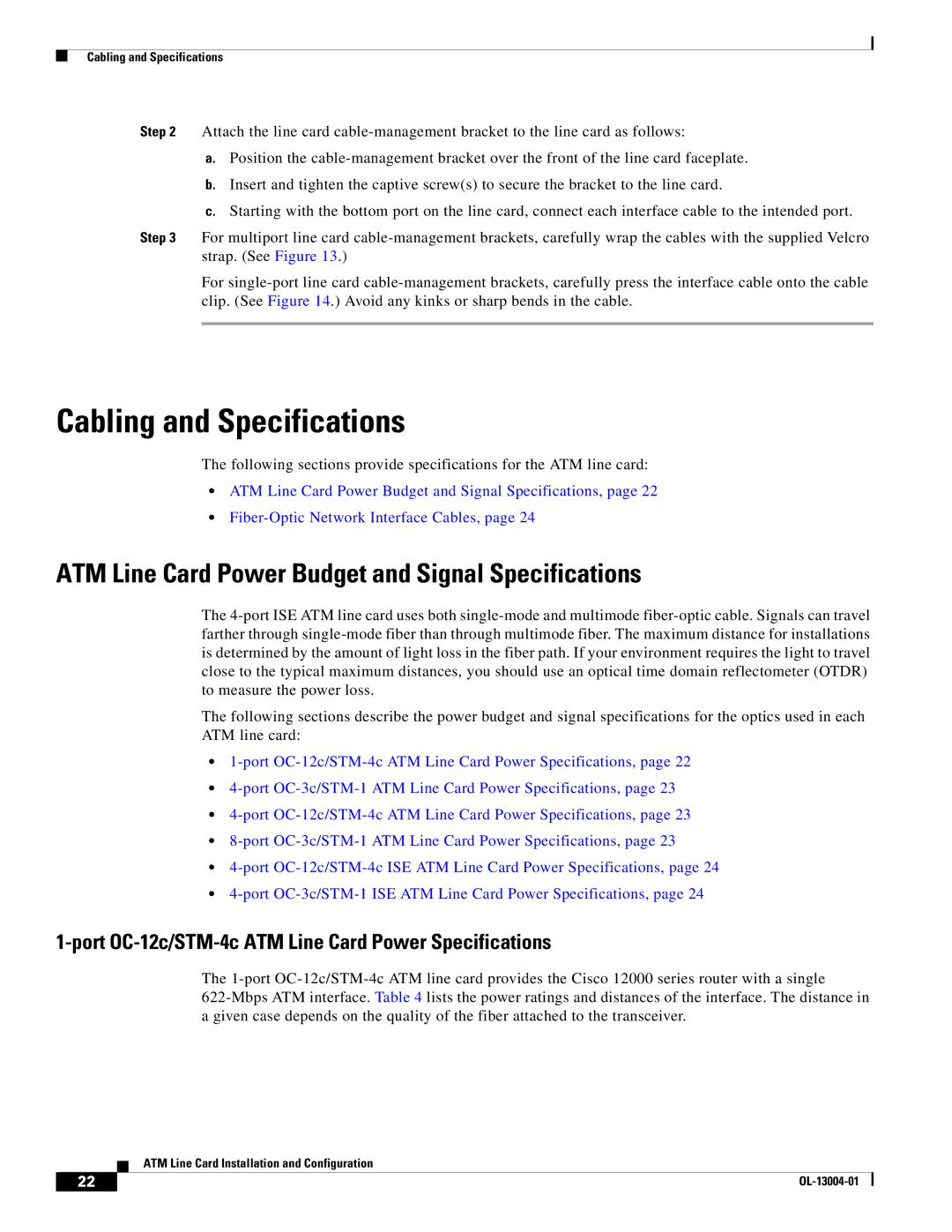 Cisco Systems 12000 series specifications Cabling and Specifications, ATM Line Card Power Budget and Signal Specifications 