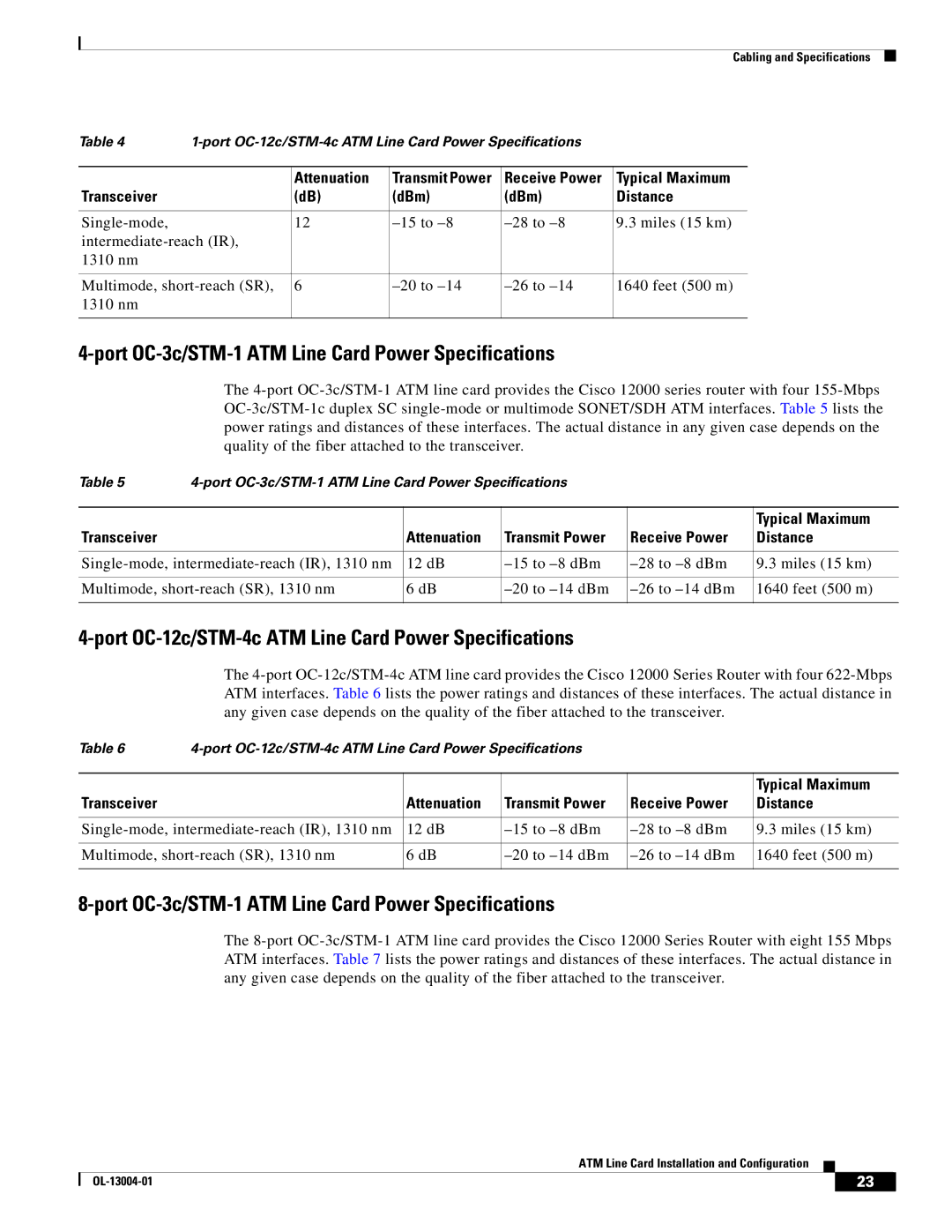 Cisco Systems 12000 series specifications Port OC-3c/STM-1 ATM Line Card Power Specifications, Attenuation, Typical Maximum 