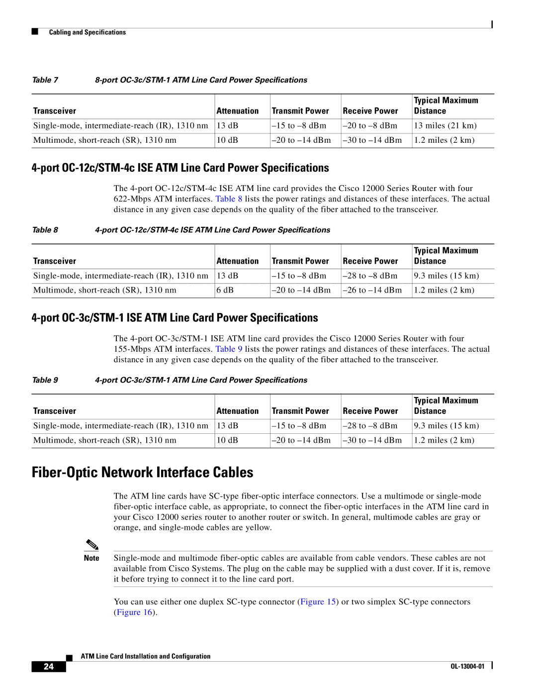 Cisco Systems 12000 series Fiber-Optic Network Interface Cables, Port OC-12c/STM-4c ISE ATM Line Card Power Specifications 