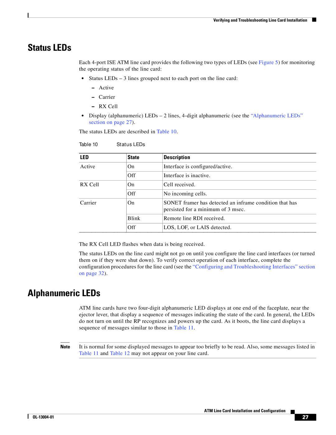 Cisco Systems 12000 series specifications Status LEDs, Alphanumeric LEDs, State Description 