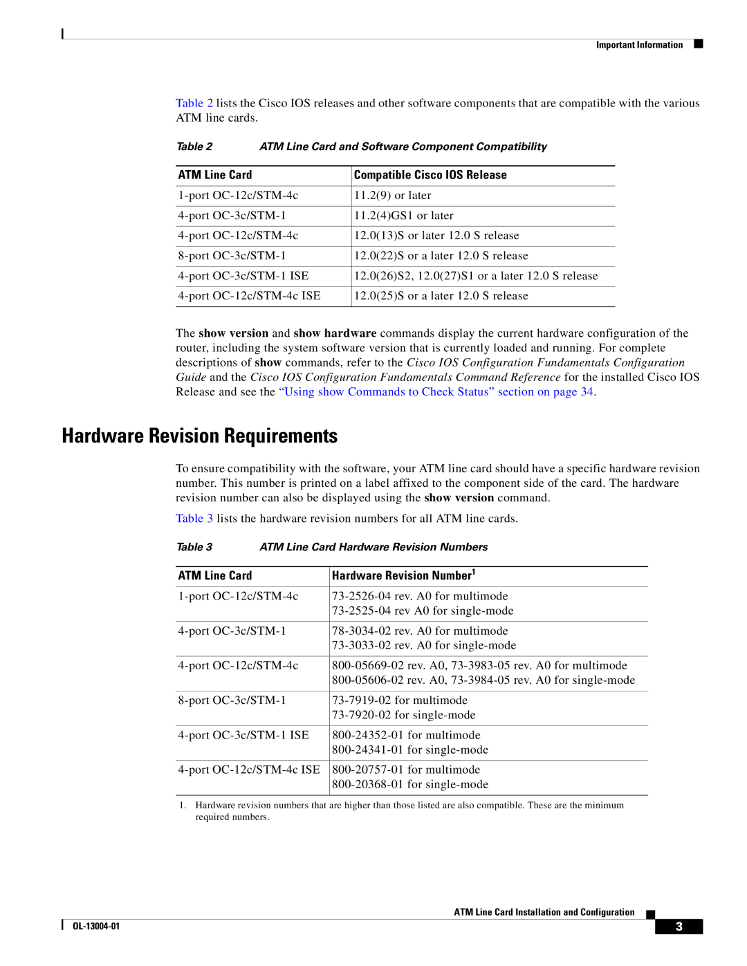 Cisco Systems 12000 series Hardware Revision Requirements, Compatible Cisco IOS Release, Hardware Revision Number 