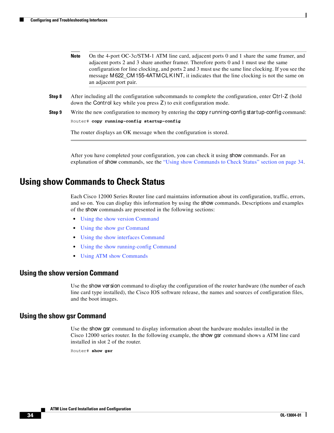 Cisco Systems 12000 series Using show Commands to Check Status, Using the show version Command, Using the show gsr Command 