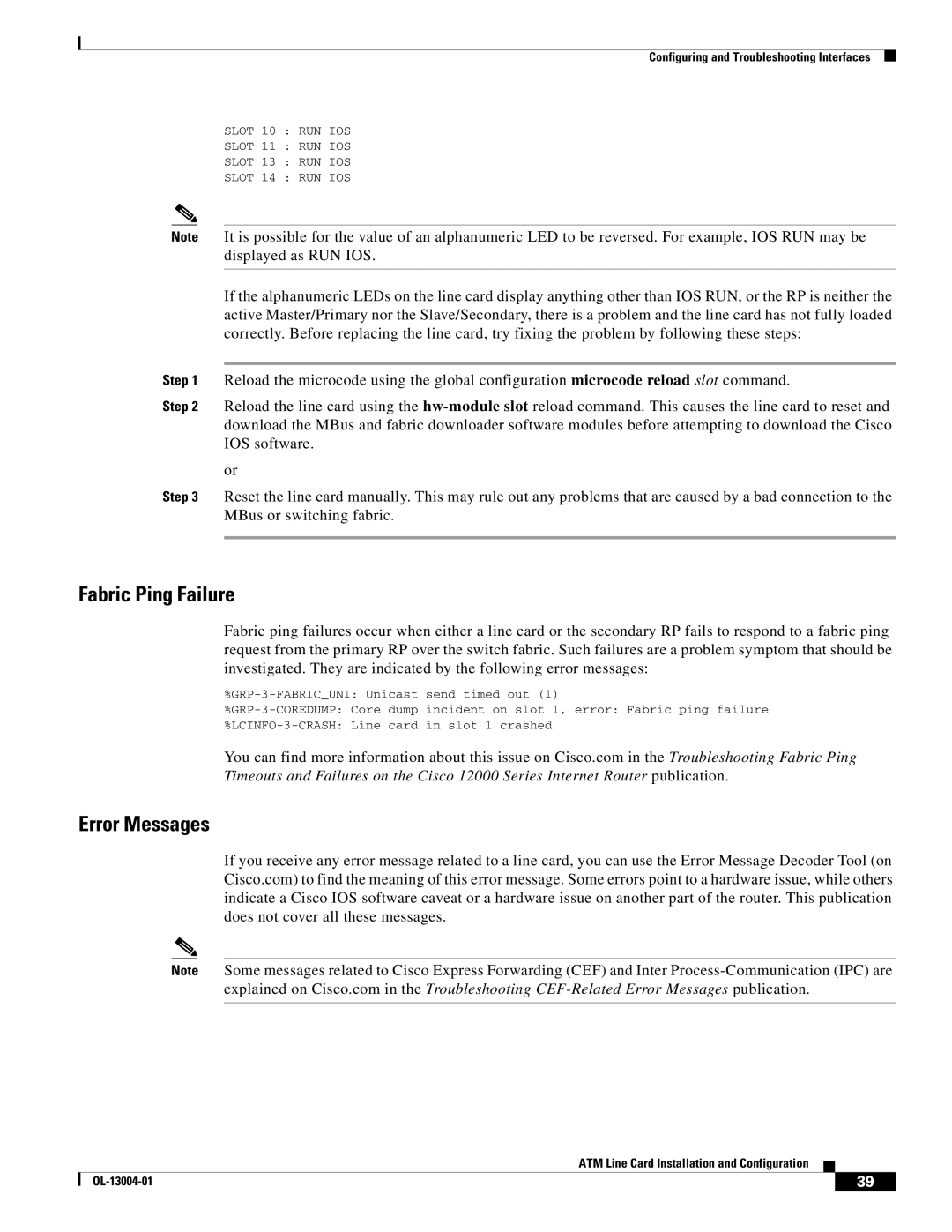 Cisco Systems 12000 series specifications Fabric Ping Failure, Error Messages 