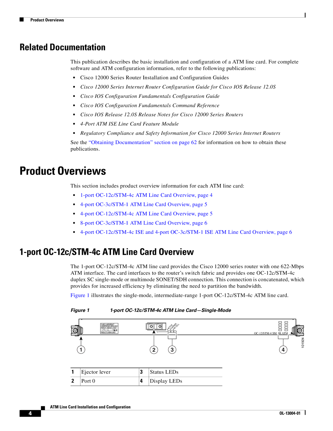 Cisco Systems 12000 series Product Overviews, Related Documentation, Port OC-12c/STM-4c ATM Line Card Overview 