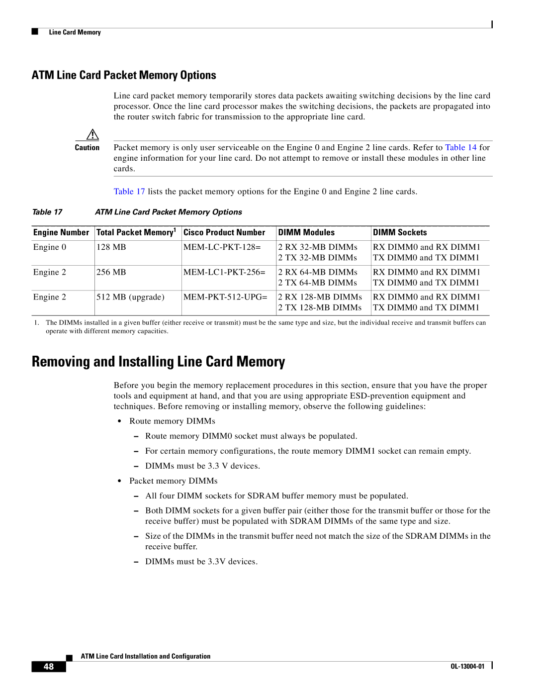 Cisco Systems 12000 series specifications Removing and Installing Line Card Memory, ATM Line Card Packet Memory Options 