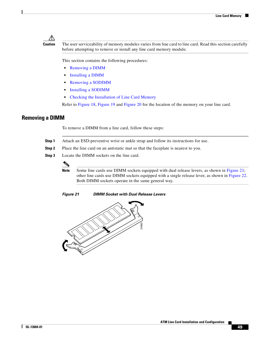 Cisco Systems 12000 series specifications Removing a Dimm, Dimm Socket with Dual Release Levers 