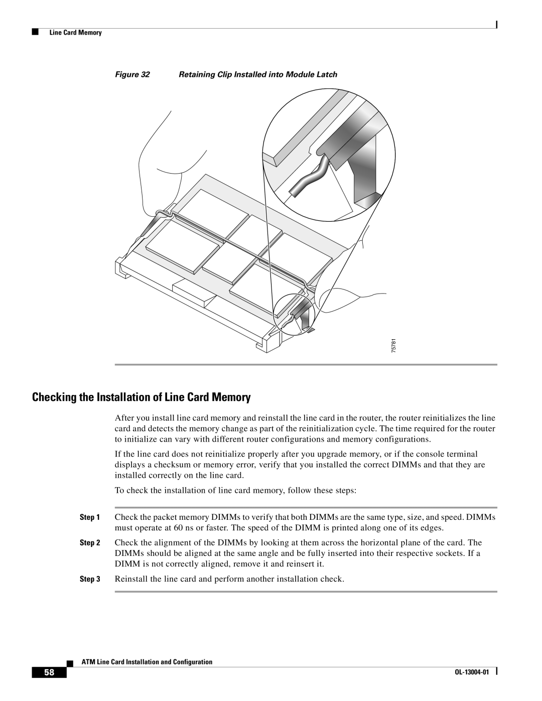 Cisco Systems 12000 series Checking the Installation of Line Card Memory, Retaining Clip Installed into Module Latch 
