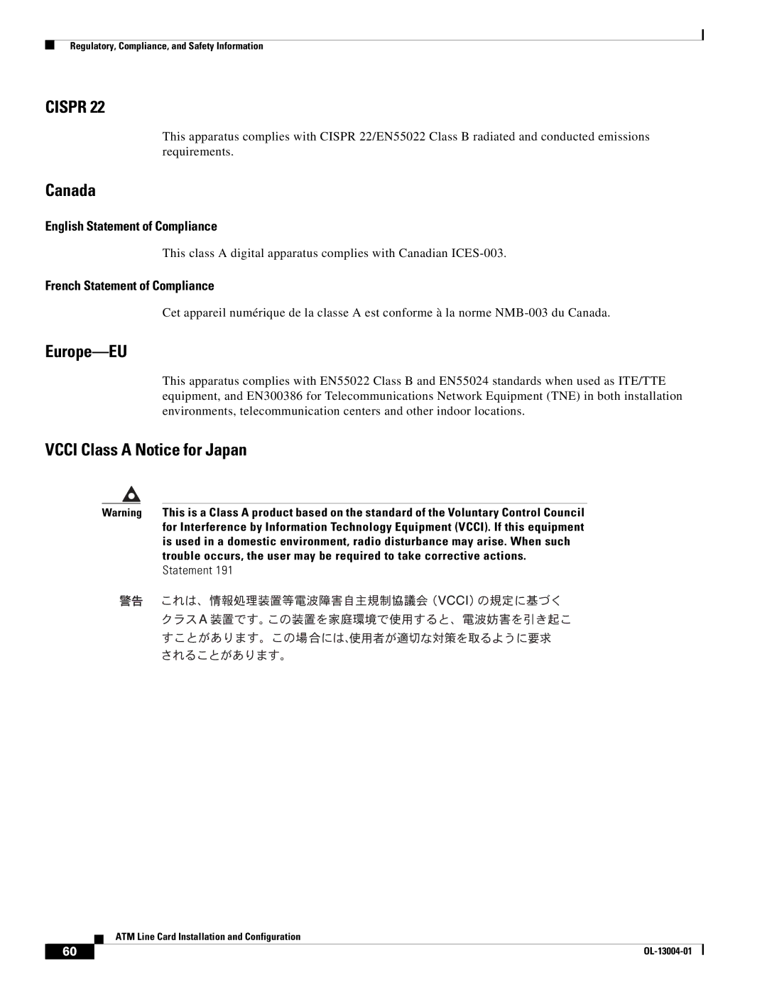 Cisco Systems 12000 series specifications Canada, Europe-EU, Vcci Class a Notice for Japan 