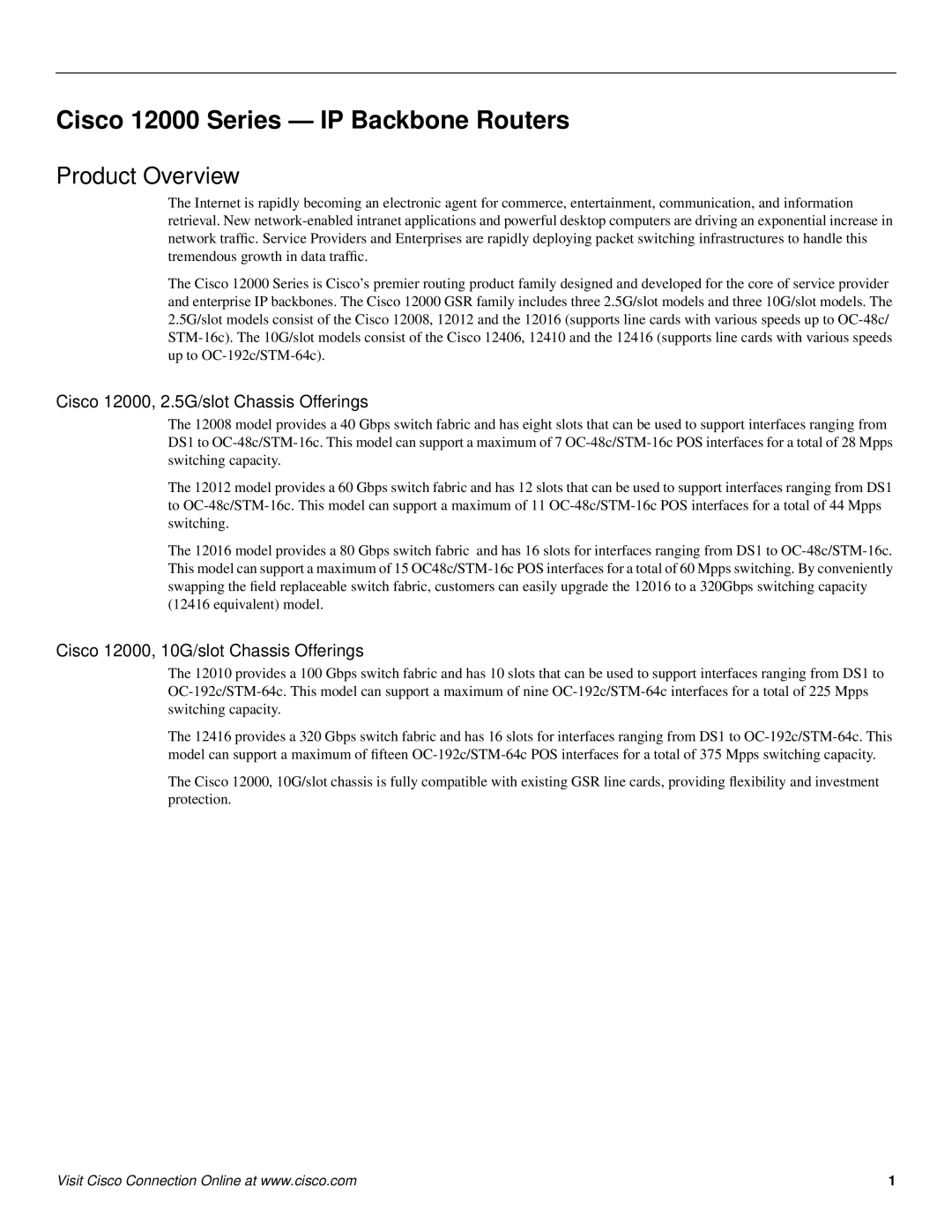 Cisco Systems manual Product Overview, Cisco 12000, 2.5G/slot Chassis Offerings 