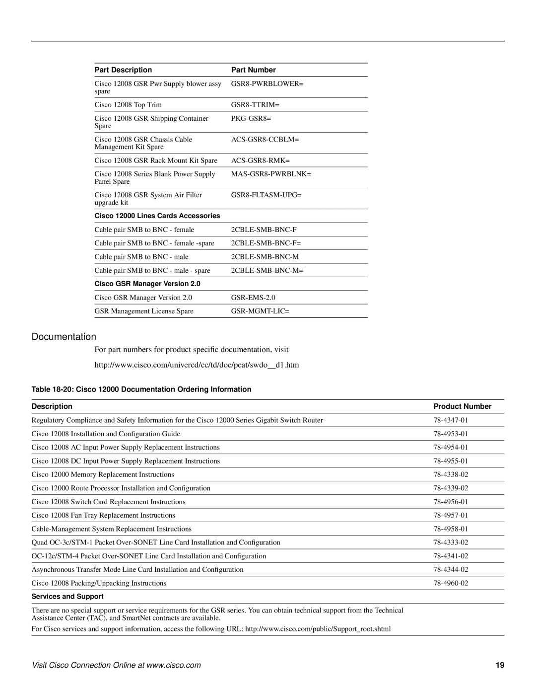 Cisco Systems manual Documentation, Cisco 12000 Lines Cards Accessories, Cisco GSR Manager Version, Services and Support 