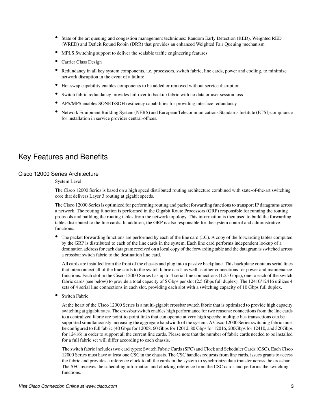 Cisco Systems manual Key Features and Beneﬁts, Cisco 12000 Series Architecture 