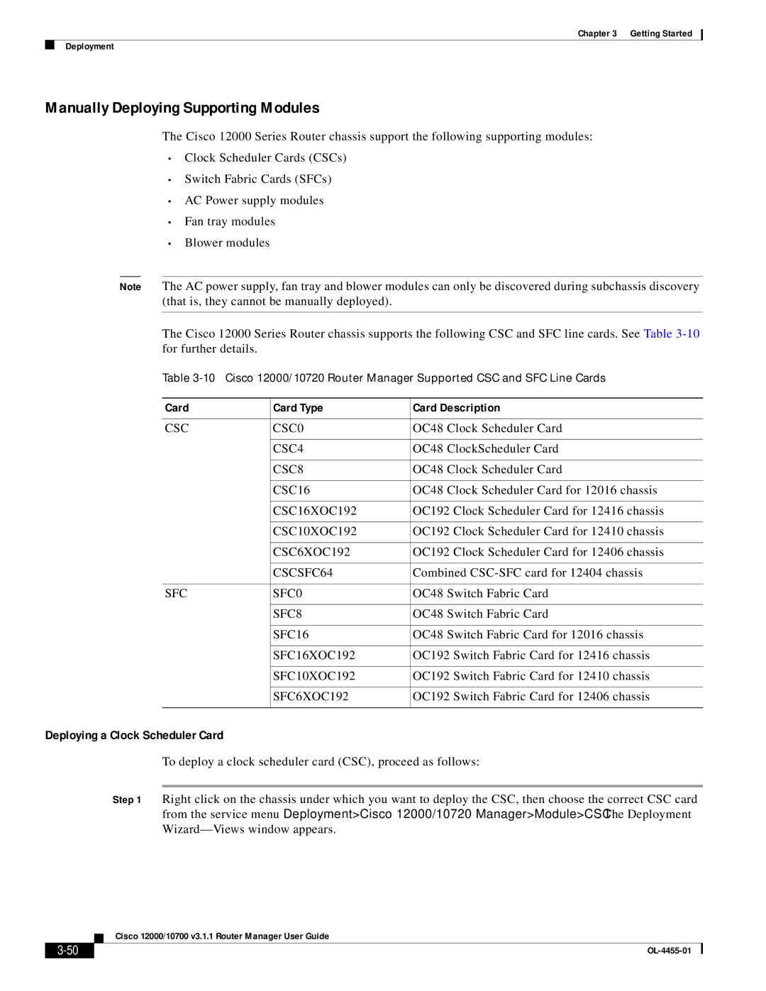 Cisco Systems 12000/10700 V3.1.1 manual Manually Deploying Supporting Modules, Deploying a Clock Scheduler Card 