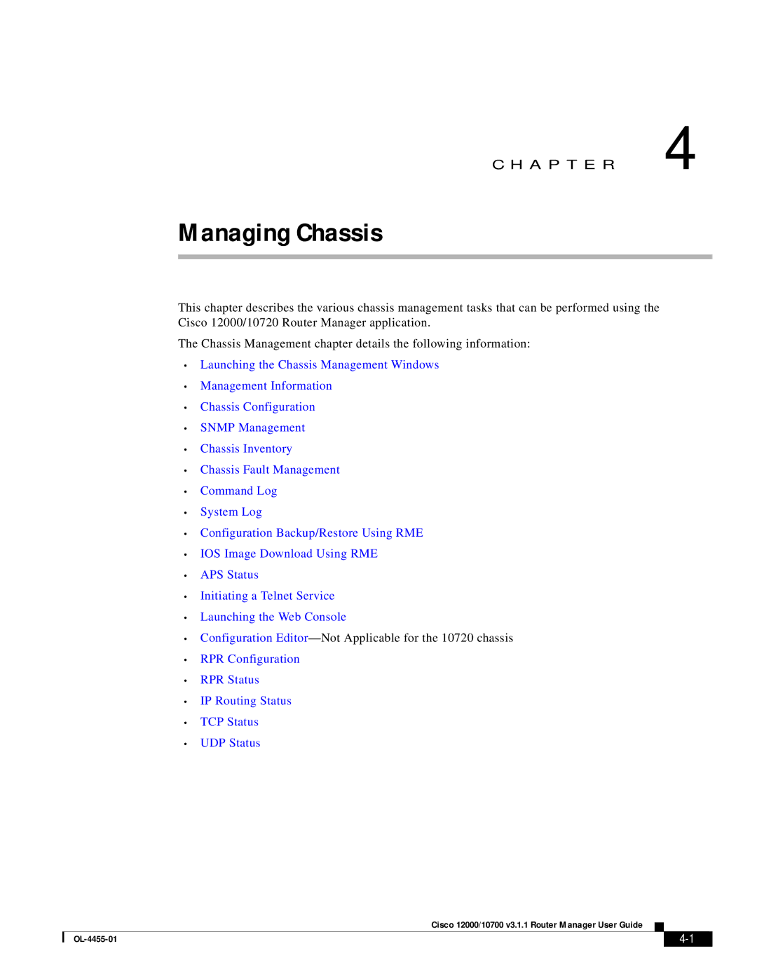 Cisco Systems 12000/10700 V3.1.1 manual Managing Chassis 