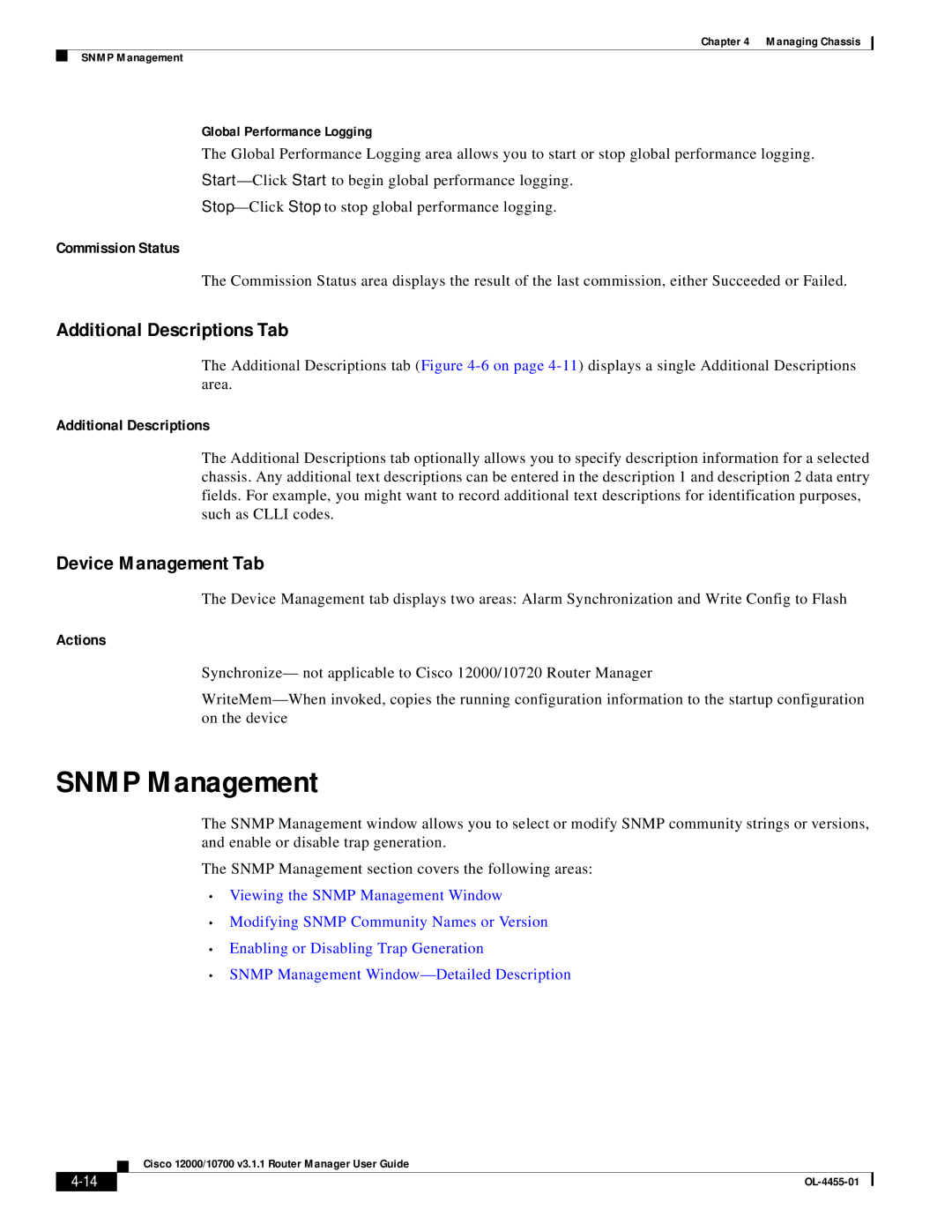 Cisco Systems 12000/10700 V3.1.1 Snmp Management, Additional Descriptions Tab, Device Management Tab, Commission Status 