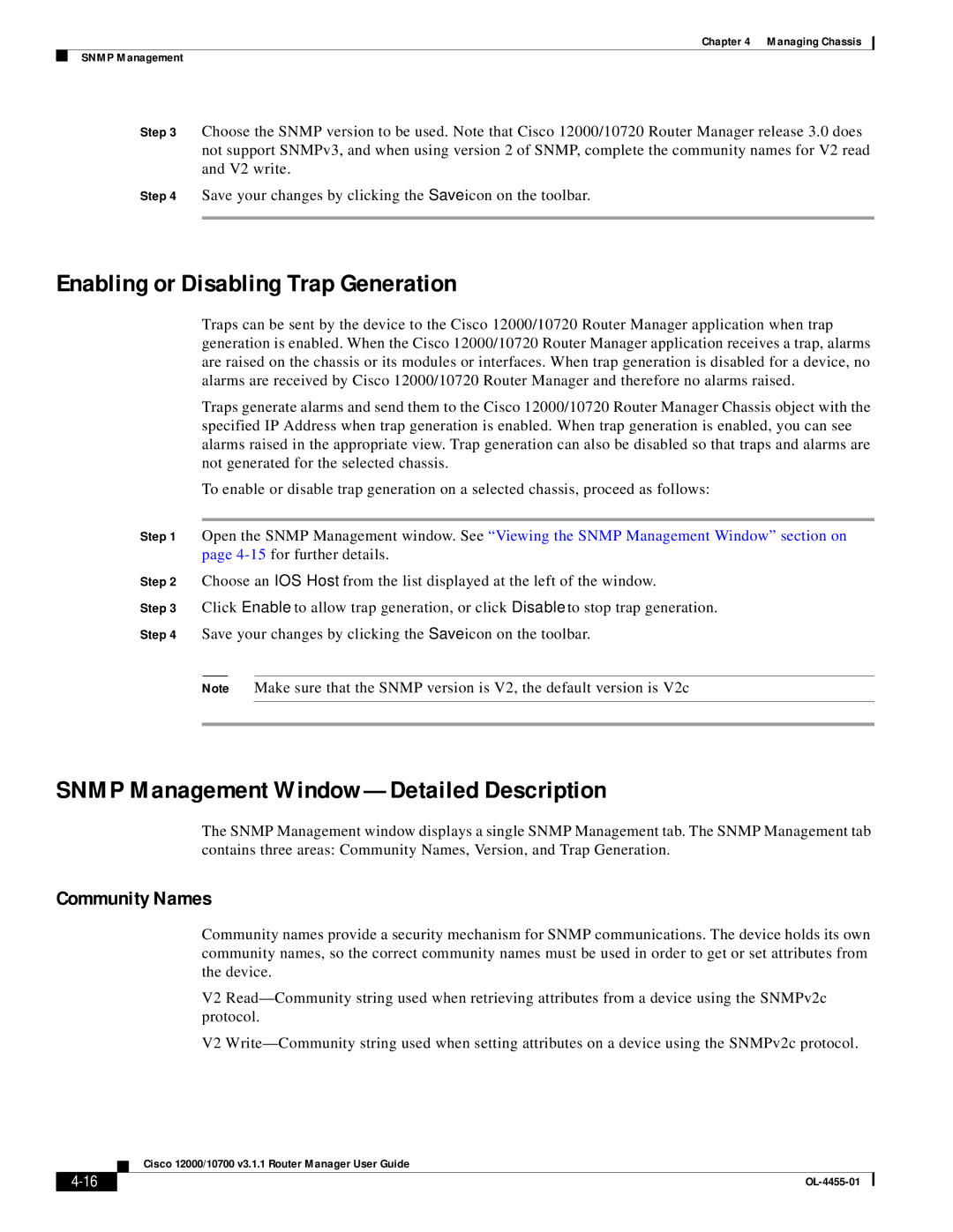 Cisco Systems 12000/10700 V3.1.1 manual Enabling or Disabling Trap Generation, Snmp Management Window-Detailed Description 