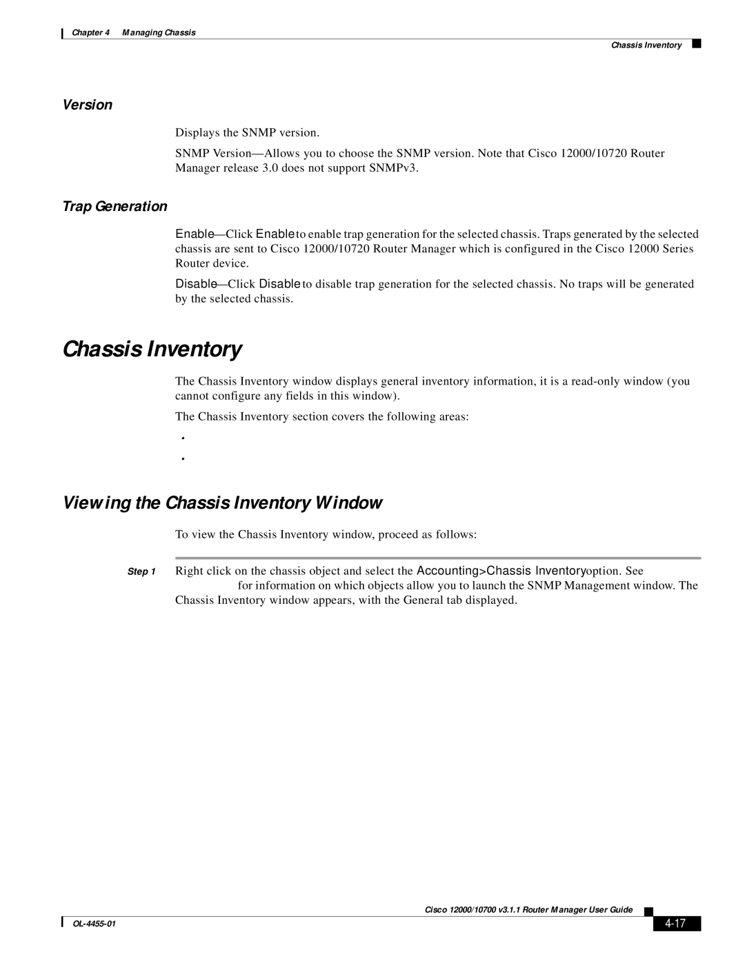 Cisco Systems 12000/10700 V3.1.1 manual Viewing the Chassis Inventory Window, Version, Trap Generation 