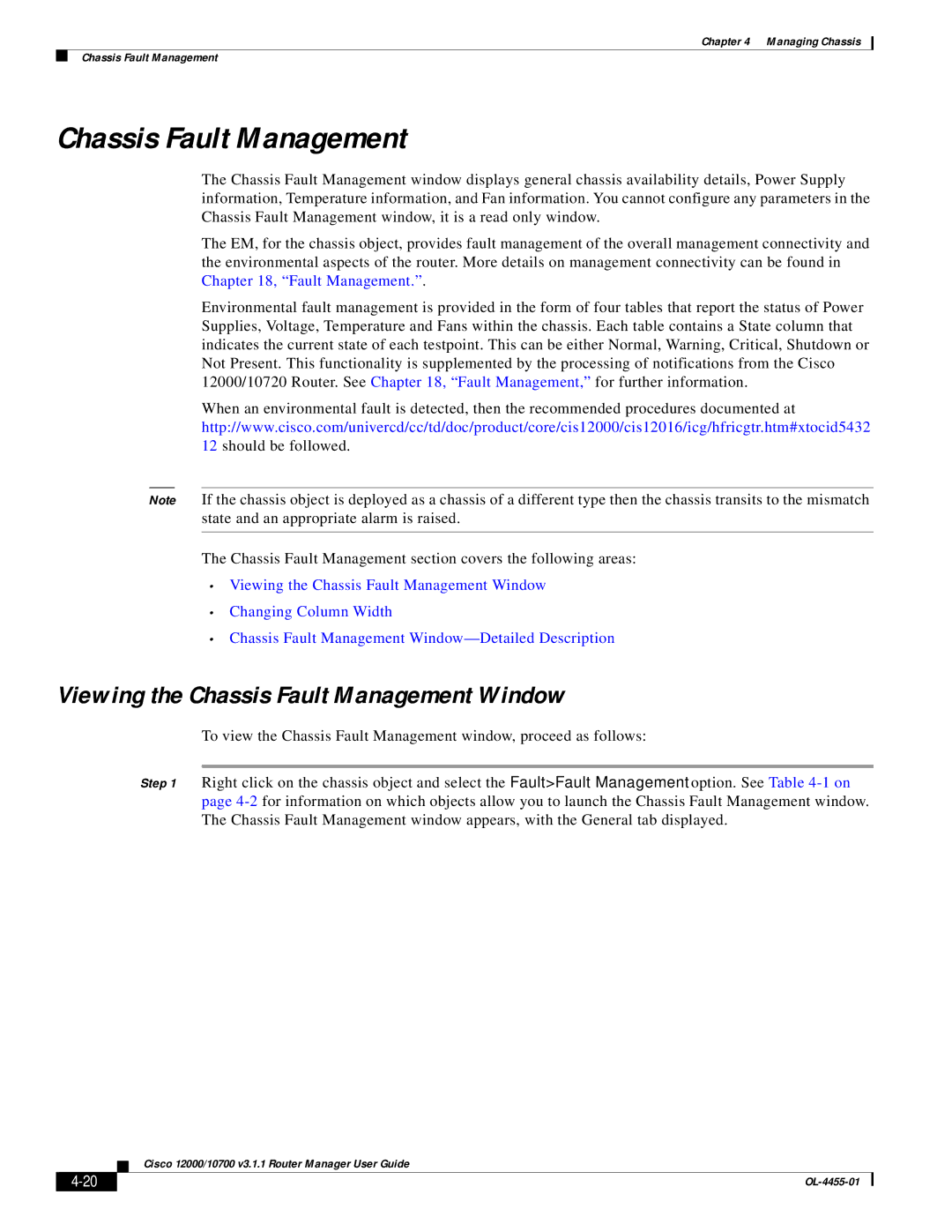 Cisco Systems 12000/10700 V3.1.1 manual Viewing the Chassis Fault Management Window 