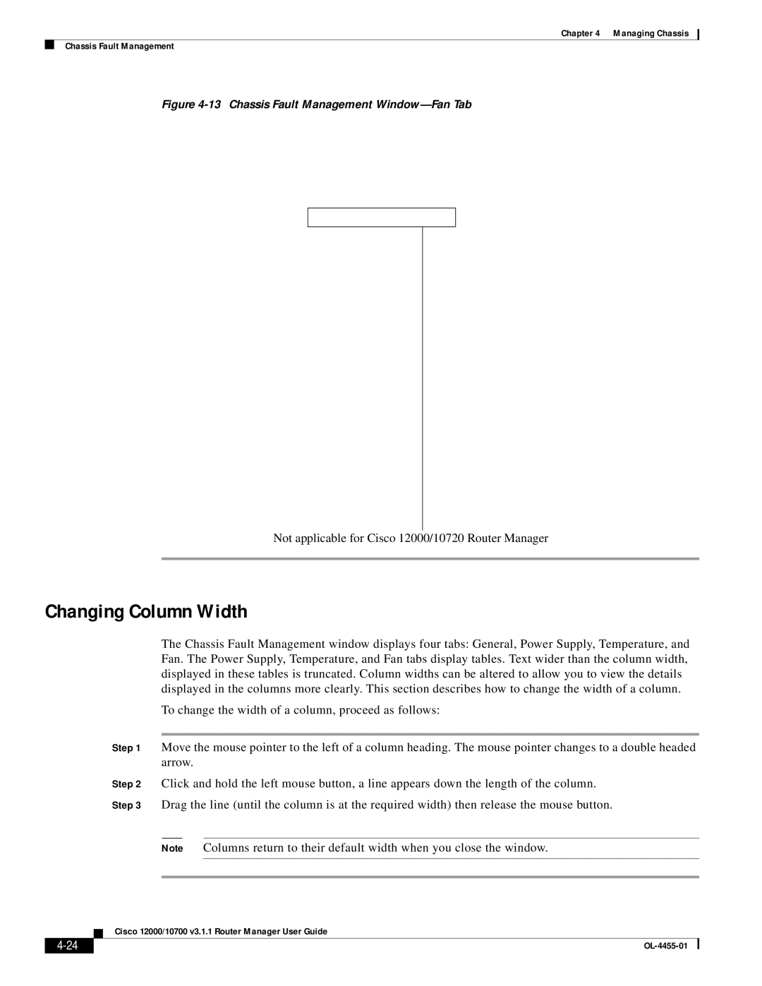 Cisco Systems 12000/10700 V3.1.1 manual Changing Column Width, Chassis Fault Management Window-Fan Tab 