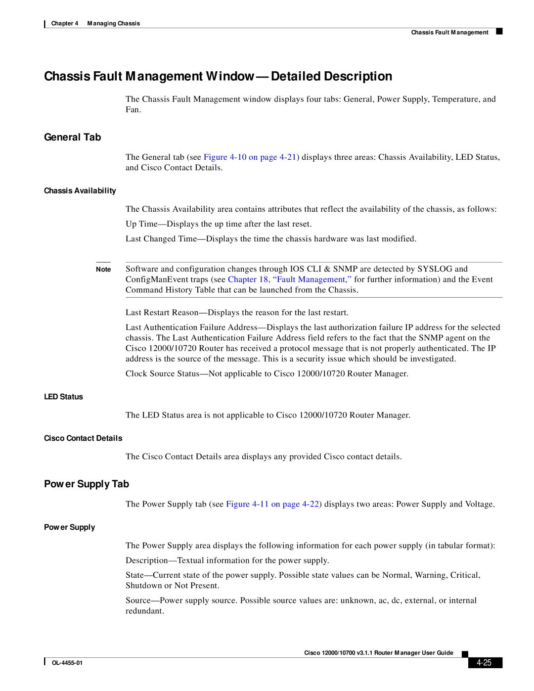 Cisco Systems 12000/10700 V3.1.1 manual Chassis Fault Management Window-Detailed Description, Power Supply Tab, LED Status 